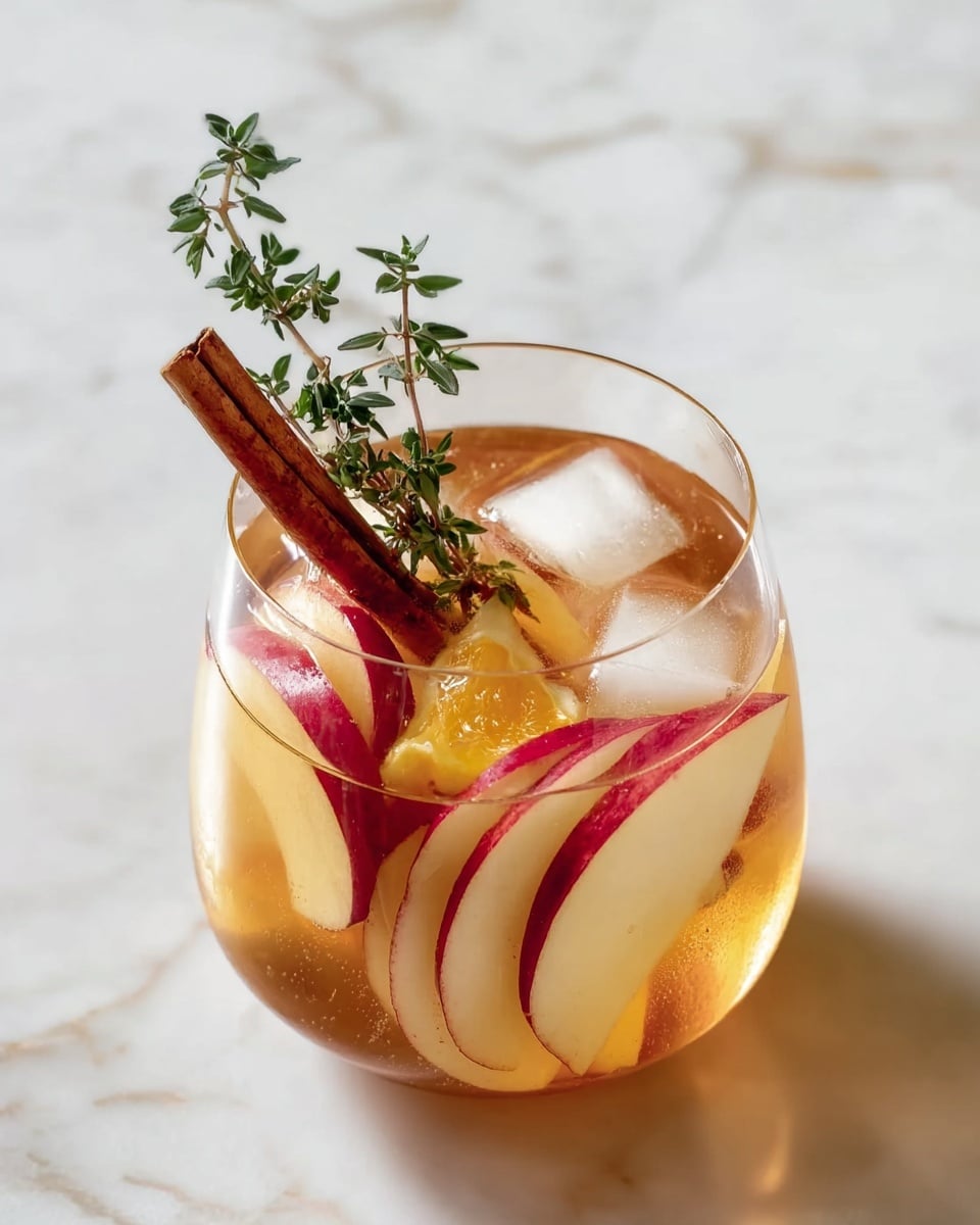 A clear round glass filled with a light amber drink and three large ice cubes floating near the top, layered with thin red and white apple slices that curve inside the glass, along with bright orange slices nestled in among the ice. A cinnamon stick and fresh green thyme sprigs rest on one side, slightly leaning out over the edge of the glass. The whole glass sits on a white marbled surface. photo taken with an iphone --ar 4:5 --v 7