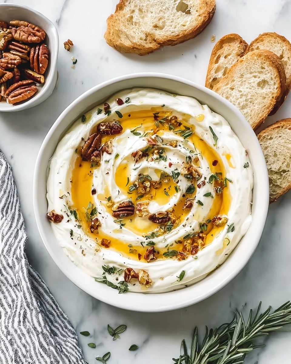 A round, shallow white bowl filled with creamy white yogurt, swirled in three layers that create a spiral texture. On top, a golden honey layer fills the center of the spiral and gently spreads outward in a circular pattern, shiny and smooth. Scattered over the yogurt and honey are small brown pecan pieces and green fresh herb leaves, adding texture and color contrast. Around the bowl, there are slices of light brown crusted bread on a white marbled surface. To the side, a small white bowl holds more pecans and a sprig of rosemary. The scene is bright and clean, and a striped cloth is partially visible in the bottom left corner. Woman's hand is not shown in this image. Photo taken with an iphone --ar 4:5 --v 7