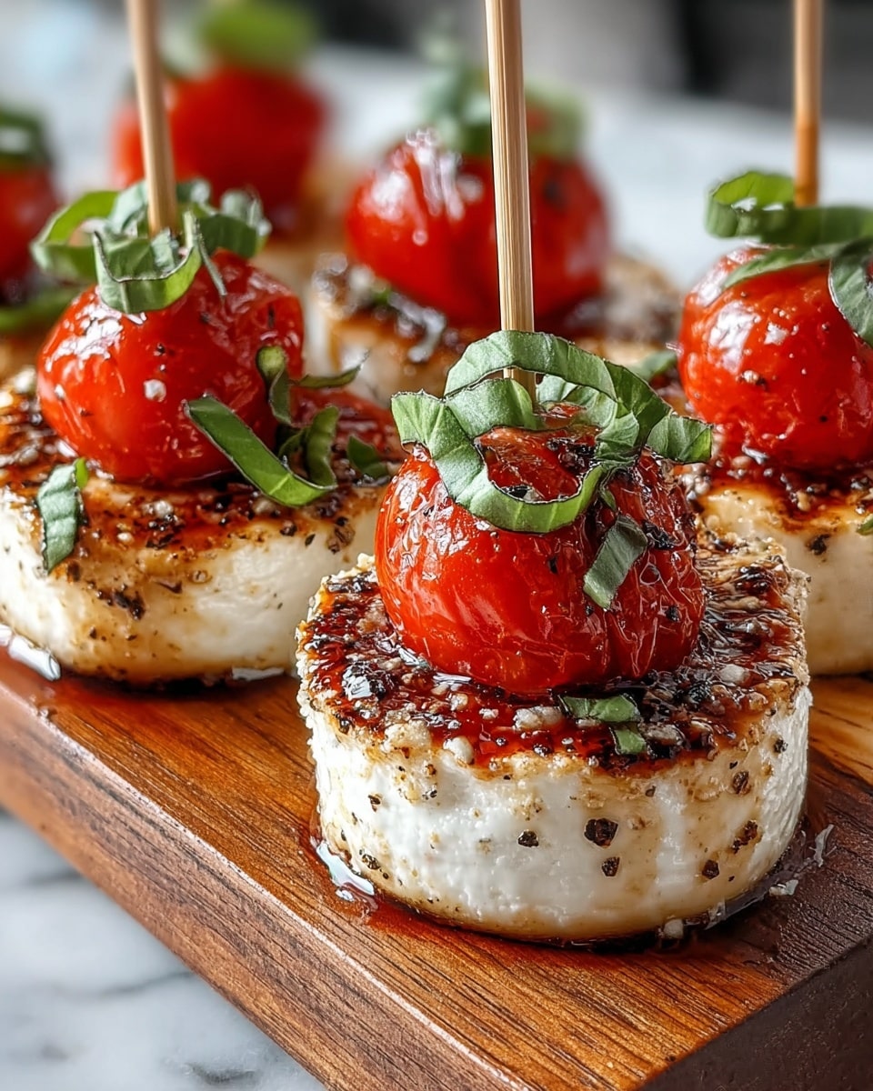 The image shows a close-up of small appetizer stacks on a wooden board, placed on a white marbled surface. Each stack has two layers: a round, charred white cheese base with a light, slightly browned texture, topped with a bright red roasted cherry tomato that looks soft and juicy. On top of the tomato are thinly sliced green basil leaves, adding fresh color. The stacks are sprinkled with coarse salt and black pepper, and light oil or glaze shines on the cheese and tomato. Every stack is held together by a light brown wooden skewer. Photo taken with an iphone --ar 4:5 --v 7