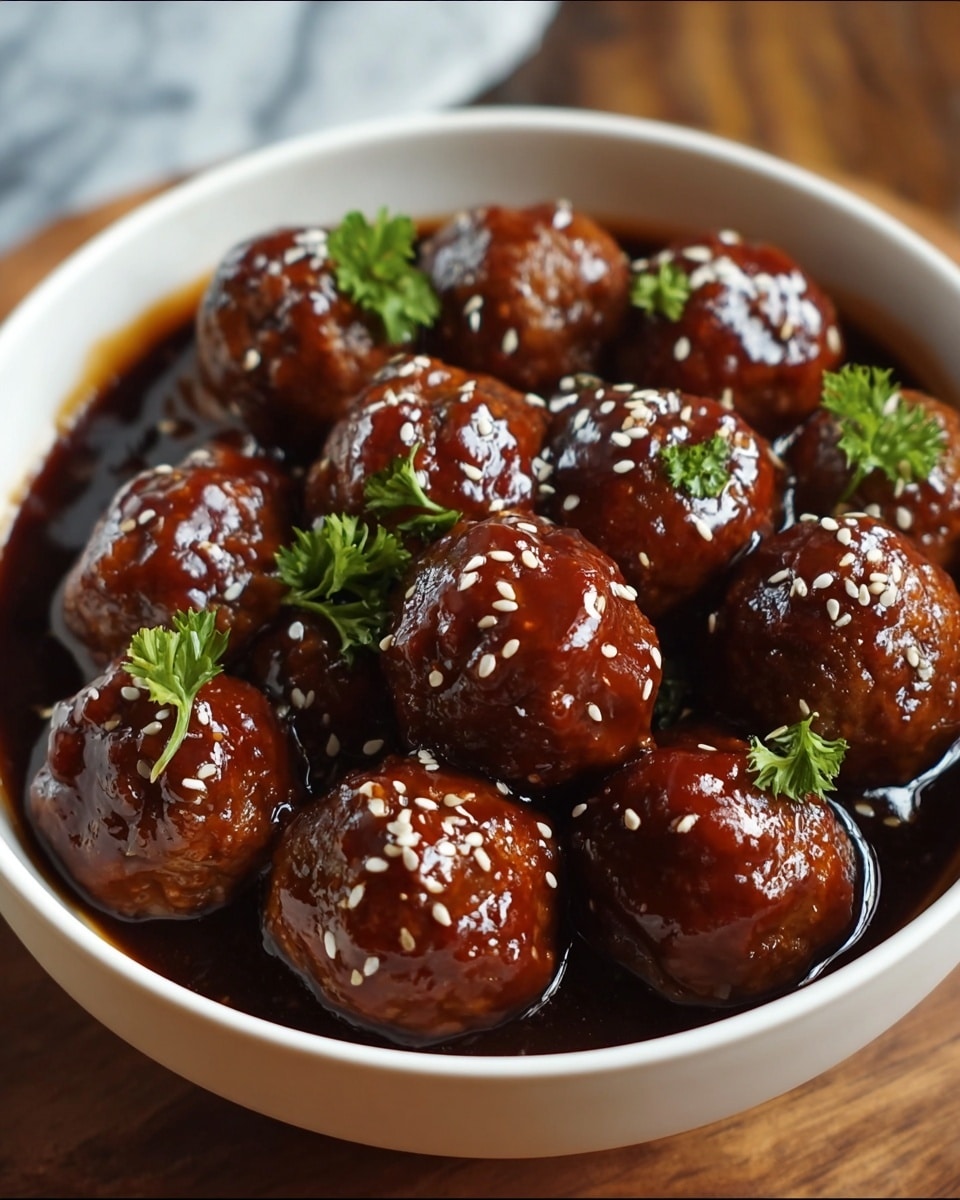 A white bowl filled with about fifteen glossy brown meatballs covered in a thick dark brown sauce, sprinkled lightly with white sesame seeds and small green parsley leaves scattered on top. The meatballs have a shiny, smooth texture, sitting closely together in the bowl, which rests on a wooden surface with a white marbled background. photo taken with an iphone --ar 4:5 --v 7