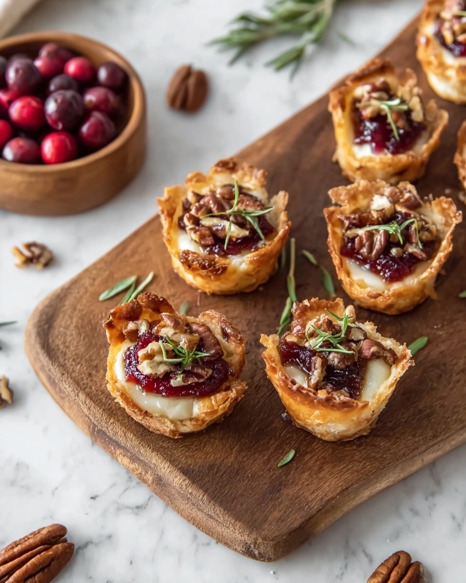 The image shows small, round pastry cups with crispy, golden-brown edges arranged on a wooden serving board. Each cup has three layers: a bottom layer of melted white cheese, a middle layer of bright red jelly or jam, and a top layer of chopped pecans with a few thin green herb sprigs for garnish. The wooden board sits on a white marbled surface, and in the top left corner, there's a small wooden bowl filled with red berries. Scattered pecans and herb leaves are visible on the white marbled surface around the board, adding a natural touch to the composition. photo taken with an iphone --ar 4:5 --v 7