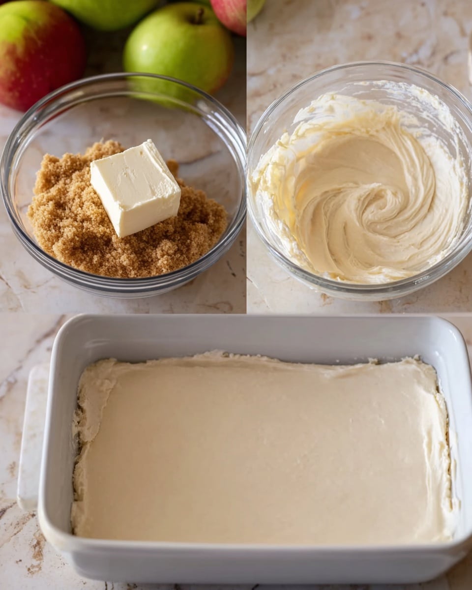 The first layer shows a clear glass bowl with light brown sugar and a soft block of cream cheese in the center, both having a grainy and smooth texture respectively, sitting on a white marbled surface. The second layer displays the same clear glass bowl filled with a smooth, creamy mixture that is off-white in color, swirled softly on top, also on the white marbled surface with green and red apples blurred in the background. The third layer features a white rectangular baking dish with smooth, light cream mixture spread evenly inside it, showing a few soft light reflections, placed on the same white marbled surface. Photo taken with an iphone --ar 4:5 --v 7
