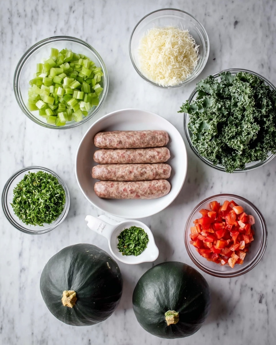 The image shows several ingredients arranged neatly on a white marbled surface. There is one large white bowl holding four raw sausages placed side by side in a row. Surrounding this bowl are smaller clear glass bowls filled with chopped vegetables and herbs: one with bright green chopped celery, another with dark green curly kale leaves, one with red diced tomatoes, and a small bowl with minced garlic. There is also a white measuring cup filled with a pale grated cheese, and a tiny white plate holding finely chopped green herbs. Two whole dark green acorn squashes sit directly on the marbled surface below the bowls, showing smooth ridged skin and short stems. The composition creates a clean and organized look with fresh ingredients spread by color and texture photo taken with an iphone --ar 4:5 --v 7