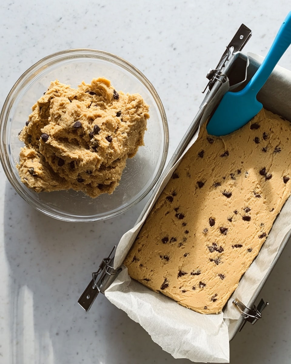 A clear glass bowl holds thick, light brown cookie dough mixed with small dark chocolate chips, with a blue spatula touching the dough on the upper right side, all placed on a white marbled surface. Next to it, a rectangular metal baking pan lined with crinkled parchment paper contains a flattened layer of the same cookie dough evenly spread out, with some chocolate chips visible on top; the pan is held open with two black binder clips on each side, all set on a white marbled surface. Photo taken with an iphone --ar 4:5 --v 7