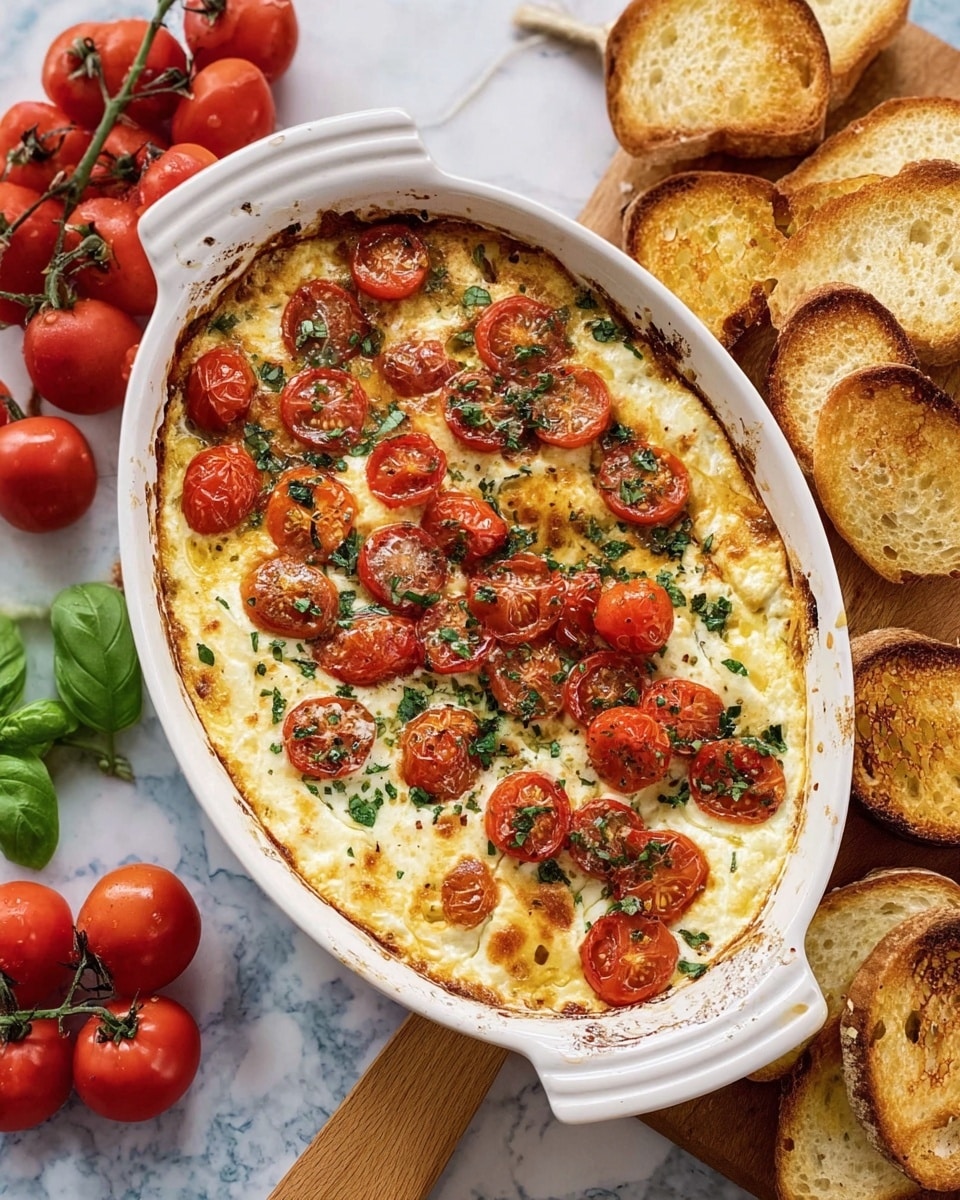 The image shows a white oval dish filled with a baked casserole that has three main layers: a creamy white cheese base, a layer of sliced cherry tomatoes with red and deep orange colors on top, and a sprinkle of green chopped herbs scattered evenly over the whole surface. The dish is placed on a white marbled surface surrounded by toasted slices of golden-brown bread on the right side, a bunch of ripe red cherry tomatoes still on the vine to the left, and fresh green basil leaves near the bottom left corner. The baked edges of the casserole show some browned, crispy spots, adding texture. Photo taken with an iphone --ar 4:5 --v 7