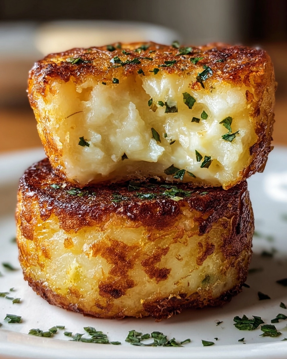 The image shows two thick, round golden brown potato cakes stacked on a white plate with a white marbled background. Each potato cake has a crispy browned outer crust with a rich, slightly rough texture, while the inside is creamy and soft with small curds visible. Sprinkled green herbs add freckles of color on the top and sides. The focus is tight, highlighting the cozy contrast between the crunchy outside and the smooth potato inside, with a soft blur in the background. Photo taken with an iphone --ar 4:5 --v 7