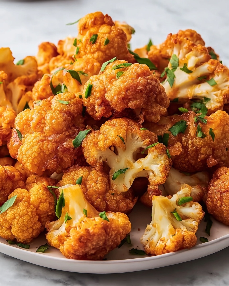 A close-up shows a plate full of fried cauliflower pieces, each piece coated with a golden-orange crispy batter that looks crunchy and textured. The cauliflower florets are piled high on a white plate, sitting on a white marbled surface. Scattered over the fried cauliflower are small, bright green chopped herbs adding a fresh contrast to the warm colors. The cauliflower varies in size, with some in the front showing the light, tender inside. The photo was taken with an iphone --ar 4:5 --v 7