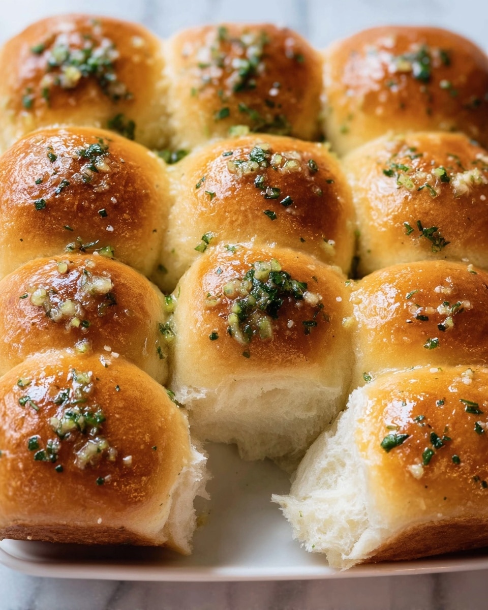 The image shows nine golden brown dinner rolls closely packed in a 3x3 arrangement on a white plate placed on a white marbled surface. Each roll has a shiny and smooth top with a golden crust, lightly sprinkled with finely chopped green herbs and small bits of garlic. One roll is slightly pulled away from the rest, showing a soft and fluffy white interior. The texture of the rolls looks tender and pillowy with a subtle glaze enhancing their warm color. photo taken with an iphone --ar 4:5 --v 7