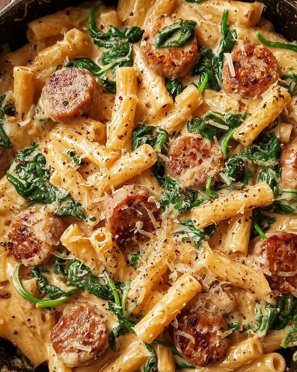 A round pan filled with creamy pasta made of short tube shapes colored light golden brown, mixed with browned round sausage slices spread evenly throughout. Bright green spinach leaves are scattered among the pasta, all coated in a thick, light tan sauce dotted with ground black pepper and small flakes of grated cheese. The pasta dish has a rich texture with the sausages slightly crisp on the outside, and the spinach leaves soft but intact. The photo is taken from above, focusing closely on the food details. Photo taken with an iphone --ar 4:5 --v 7