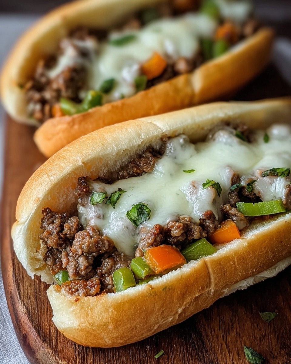 Two sandwich rolls sit side by side on a wooden surface, each filled with three layers: the bottom layer is soft, white bread rolls with a light golden crust; the middle layer is cooked ground beef with small chunks of green and orange bell peppers mixed in and some small bits of green herbs scattered throughout; the top layer is melted white cheese that covers the beef and peppers unevenly, creating a slightly shiny and creamy texture. The scene is close-up, showing the details of the ingredients and the soft texture of the bread. photo taken with an iphone --ar 4:5 --v 7
