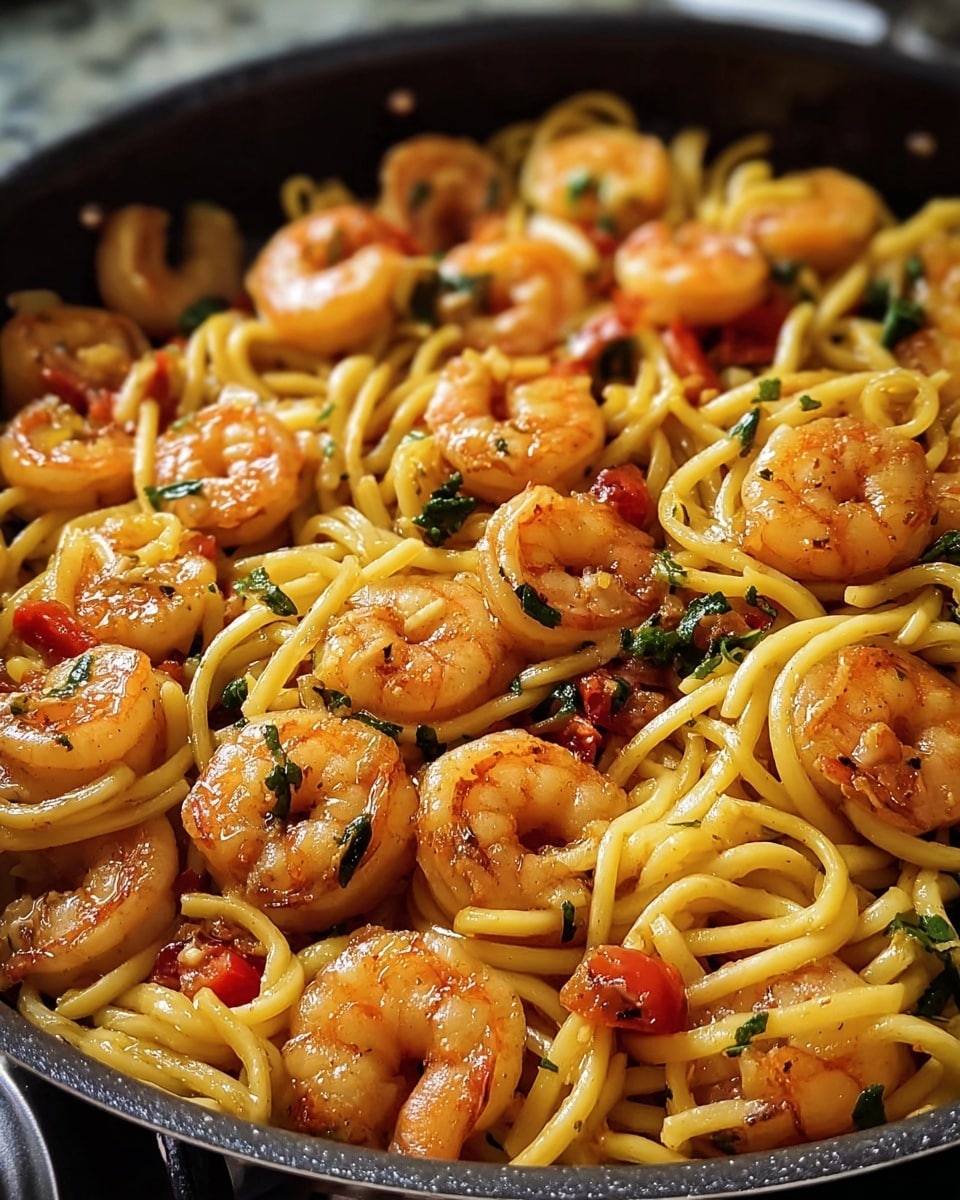 A close-up of a black pan filled with a single layer of cooked yellow noodles mixed with many small, orange shrimp, some red bell pepper pieces, and scattered green herbs, all glistening with a light sauce. The noodles have a soft and slightly glossy texture, while the shrimp are slightly curled and have a shiny, cooked surface. The red pepper pieces are small and blocky, adding bright spots of color among the noodles and shrimp. The whole dish looks warm and fresh, set against a blurred background. photo taken with an iphone --ar 4:5 --v 7