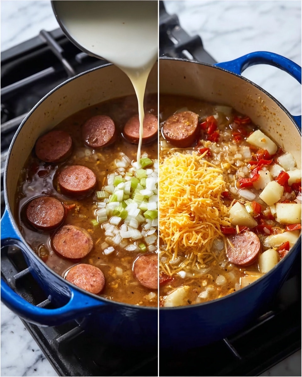 A deep blue pot on a stove shows four cooking stages: first, a base layer of finely chopped white onions, light green celery, and red bell peppers; second, a rich brown liquid layer with floating slices of browned sausage spread evenly on top; third, the same brown broth with visible small potato chunks, sausage slices, and a stream of white cream pouring in to create a creamy mix; fourth, the creamy soup bubbling, filled with sausage slices and potato pieces, topped with a large mound of shredded yellow cheese melting in the center. The setting is a stove with a white marbled surface. Photo taken with an iphone --ar 4:5 --v 7
