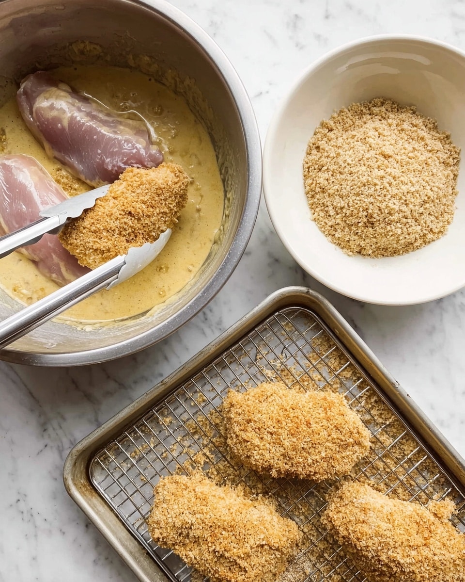 The image shows three main parts of a cooking process. At the top right, there is a white bowl filled with light brown breadcrumbs with one piece of food covered in crumbs resting on them. At the bottom left, there is a metal mixing bowl containing pieces of raw meat coated in a thick, light yellow batter or sauce, with a metal tong grabbing one piece. To the right, there is a metal baking tray with grill rack, holding one piece of the crumb-covered meat ready to be baked. The setting is on a white marbled surface. Photo taken with an iphone --ar 4:5 --v 7