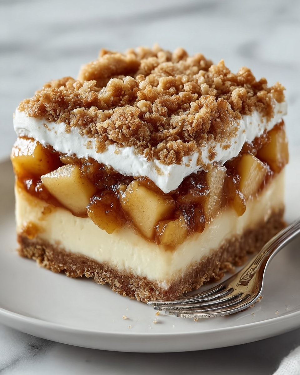 A square dessert with four clear layers sits on a white plate over a white marbled surface. The bottom layer is a coarse, crumbly crust in a medium brown color. Above that is a thick, creamy pale yellow layer with a smooth texture. The third layer consists of juicy, cubed golden apple pieces mixed with a glossy, dark caramel-like sauce. The top layer is a fluffy white cream covered with a thick topping of crumbly, golden-brown streusel. A silver fork lies on the plate beside the dessert. Photo taken with an iphone --ar 4:5 --v 7