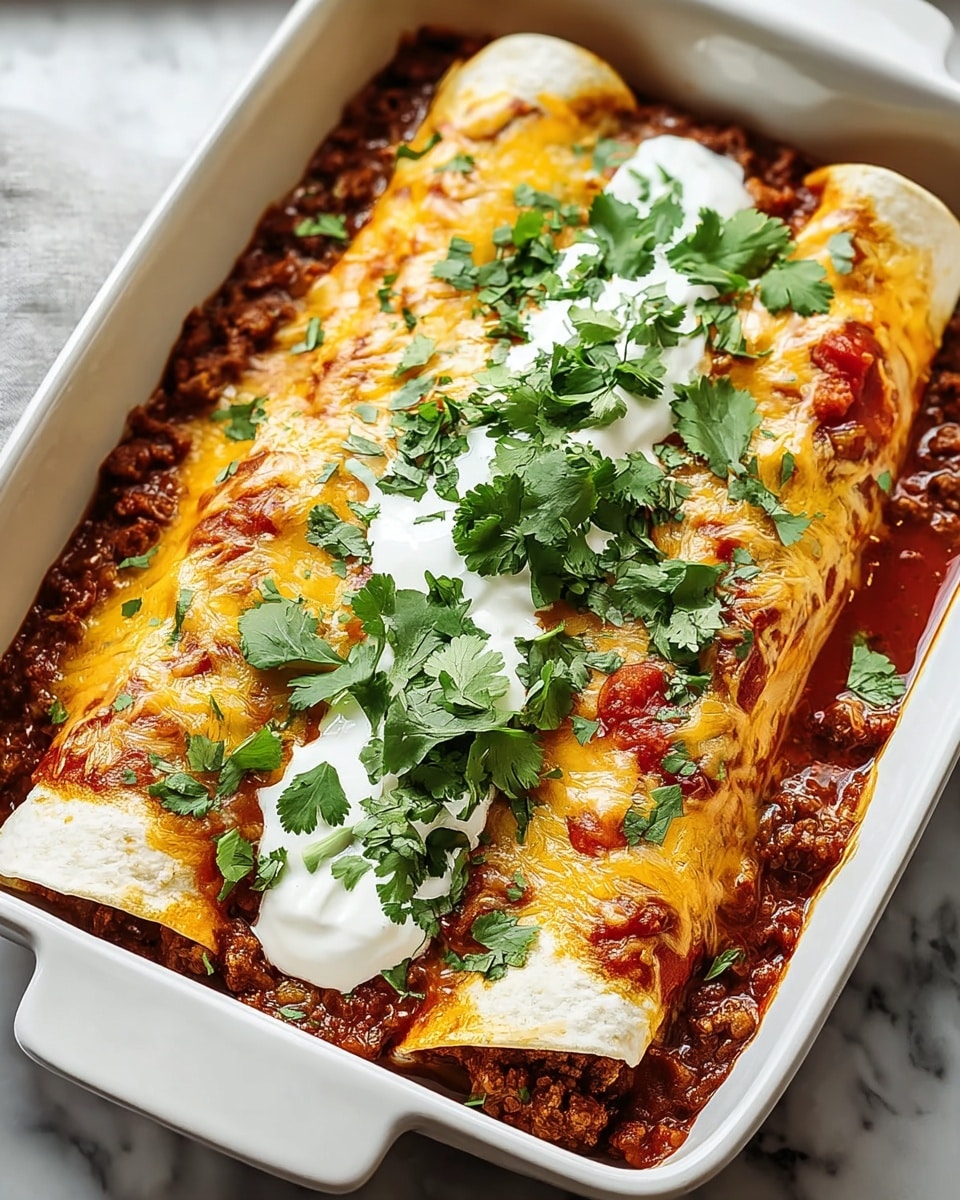 The image shows two rolled tortillas filled with a rich, dark brown meat sauce, arranged side by side in a white rectangular baking dish. The tortillas are covered with melted cheese that is golden yellow and white, blending into the red tomato sauce underneath. On top, there are three dollops of white sour cream evenly spaced along the length of the tortillas. Fresh green cilantro leaves are generously sprinkled over the sour cream and cheese, adding a bright contrast. The baking dish rests on a white marbled surface. photo taken with an iphone --ar 4:5 --v 7