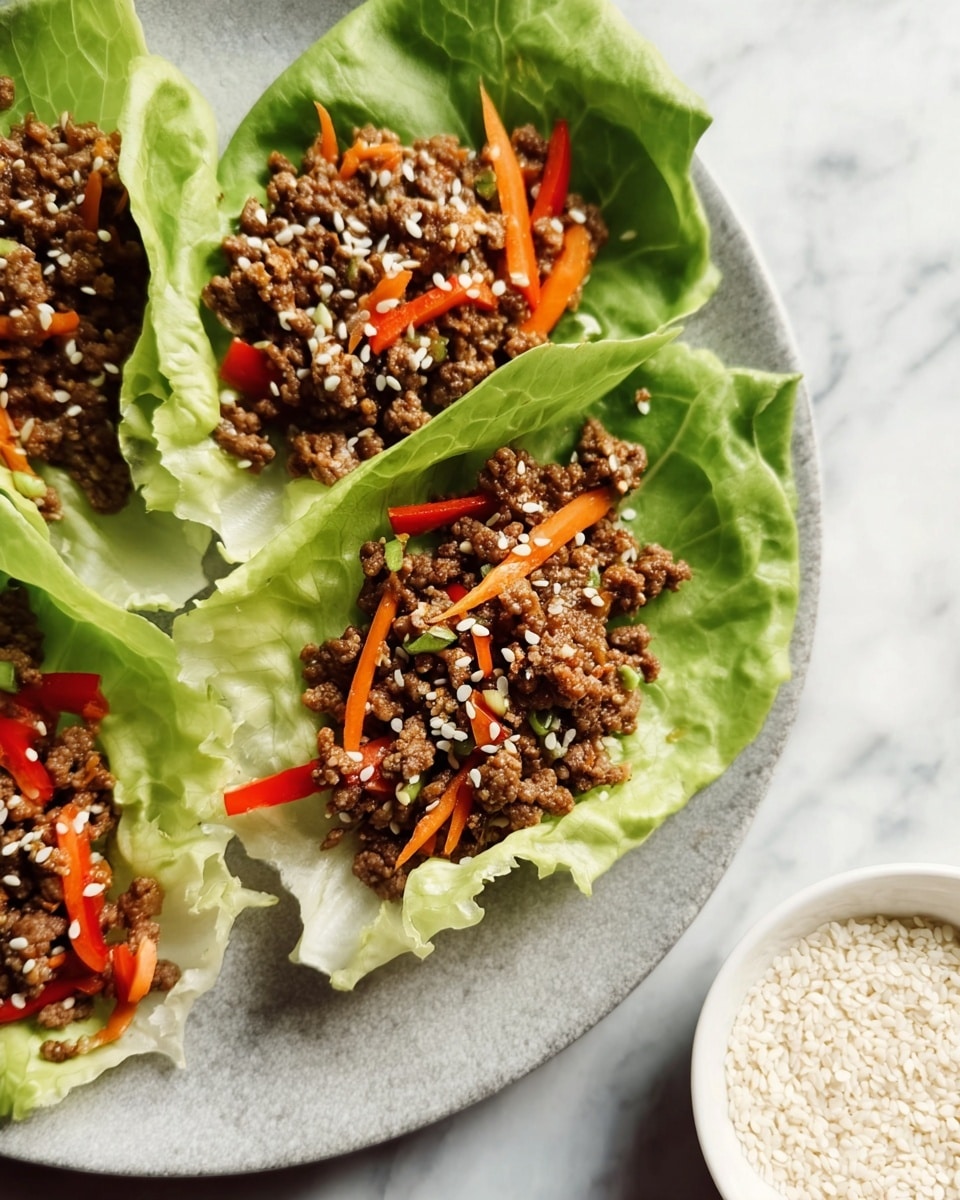The image shows three green lettuce leaves on a white plate, each leaf holding a mix of cooked ground meat with small orange carrot strips and red bell pepper pieces. The meat mixture is brown with a slightly glossy texture, topped with white and black sesame seeds. The lettuce leaves are fresh and crisp, forming a natural bowl shape that holds the filling neatly. Next to the plate, there is a small white bowl filled with white sesame seeds. Everything is placed on a white marbled surface. photo taken with an iphone --ar 4:5 --v 7