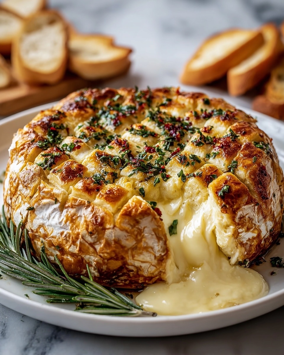 A round cheese wheel is baked in a white plate, its top crust golden brown with a crispy, slightly cracked texture. The cheese is cut in a grid pattern across the top, revealing a soft, creamy, pale yellow inside that is oozing out onto the plate. The cheese is topped with scattered green herbs and small bits of red seasoning, adding a fresh and slightly spicy look. A sprig of rosemary is placed beside the cheese on the plate. In the background, slices of toasted bread and a blurred white marbled surface can be seen. photo taken with an iphone --ar 4:5 --v 7