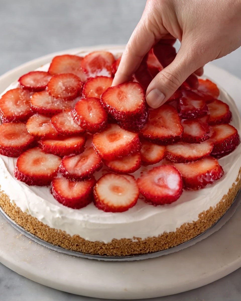 A round dessert with one visible layer of light brown crumbly base at the bottom, topped with a thick, smooth white cream layer evenly spread over it. On top of the cream, there are many bright red sliced strawberries placed closely in a circular pattern. A woman's hand is placing one of the strawberry slices on the cream. The dessert sits on a white marble textured surface. photo taken with an iphone --ar 4:5 --v 7