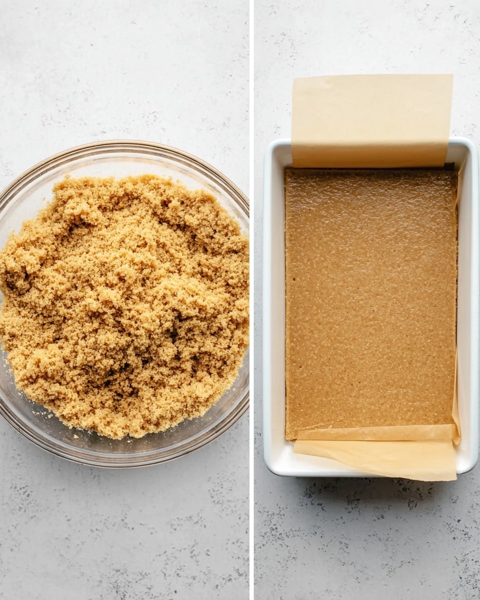 The image shows two side-by-side pictures on a white marbled surface. On the left is a clear glass bowl filled with a crumbly, light brown mixture resembling crushed biscuits or graham cracker crumbs. The texture looks loose and sandy. On the right is a white rectangular baking pan lined with light beige parchment paper, with the same crumbly mixture pressed flat evenly into the bottom in a thin layer. Photo taken with an iphone --ar 4:5 --v 7