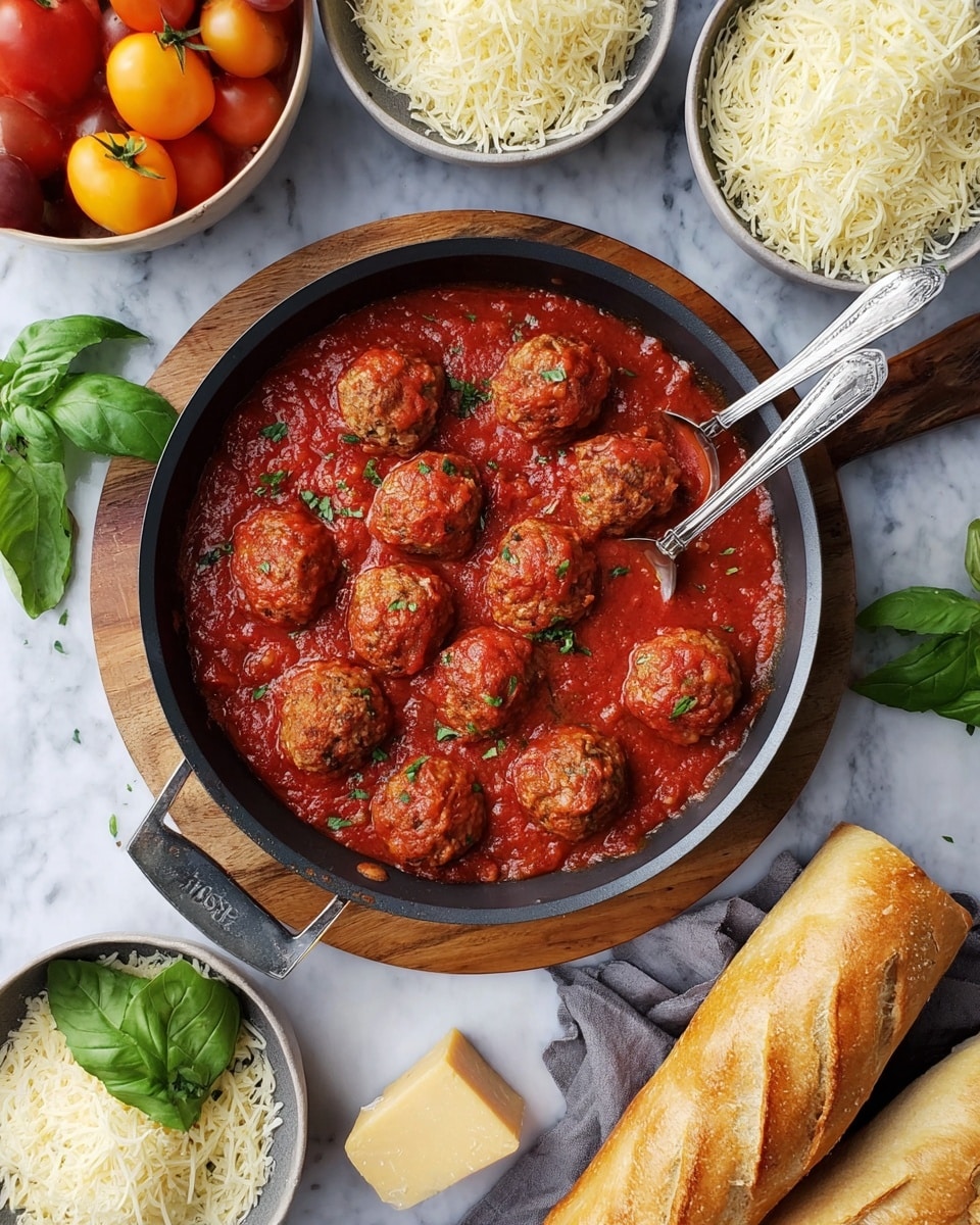 A black pan filled with eight brown meatballs covered in thick red tomato sauce sits on a round wooden board. Two silver utensils rest in the pan. Surrounding the pan are two white bowls filled with shredded white cheese, a white bowl holding orange and red heirloom tomatoes, a small block of pale yellow cheese, two golden brown baguettes, and bright green fresh basil leaves scattered around. The background is a white marbled texture. photo taken with an iphone --ar 4:5 --v 7