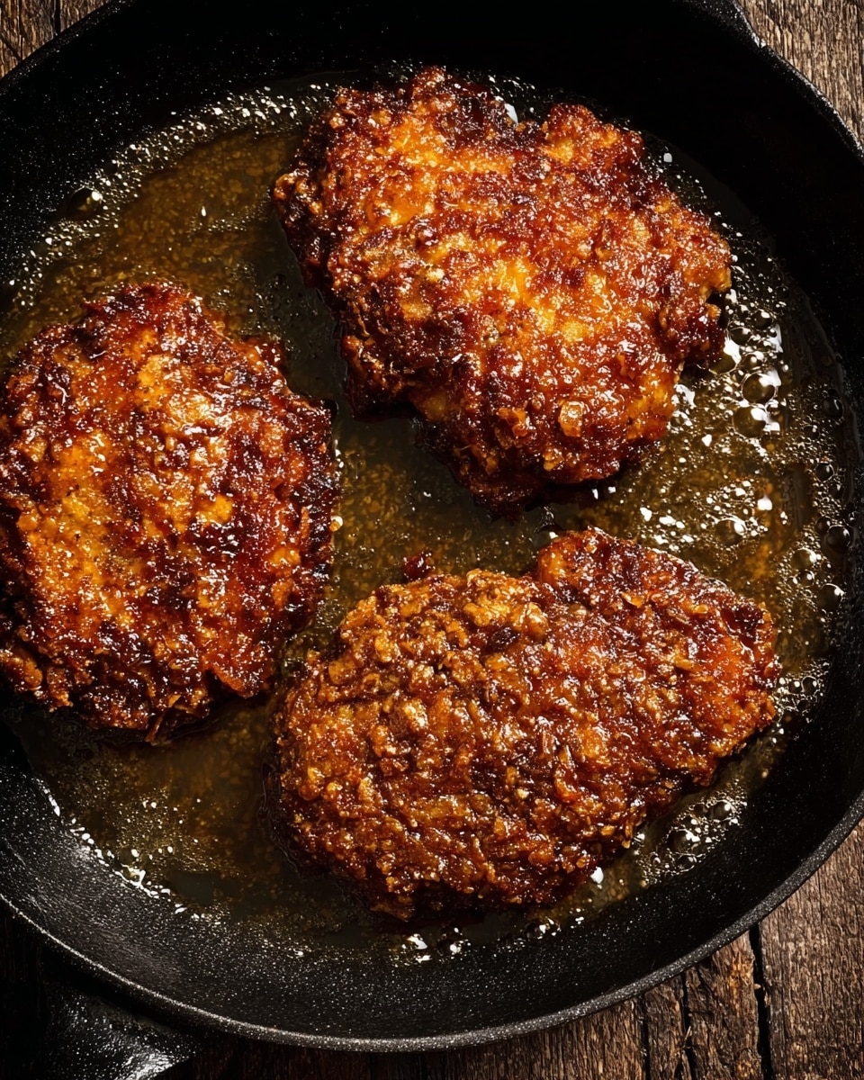 The image shows three pieces of crispy fried chicken in a black pan on top of a rustic wooden surface. Each piece has a dark golden brown crust that looks crunchy with small bits and a shiny glaze of oil covering the surface. The chicken pieces are roundish and uneven, showing a rough, textured coating with tiny crisp patches spread evenly, and some spots have a slightly darker color, indicating a rich fried texture. The pan holds a thin layer of hot oil with bubbles and glimmers reflecting light, emphasizing the freshly cooked look. Photo taken with an iphone --ar 4:5 --v 7