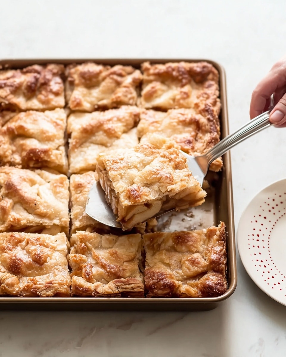 A square baking pan holds a golden brown apple pie cut into squares with flaky, layered crust on top showing a rough, textured surface. One slice is being lifted by a woman’s hand holding a metal spatula, revealing a warm, soft filling of cooked apples with light brown color inside. The pie crust has layered edges with a slightly crinkled look, and the pan sits on a white marbled surface. Next to the pan is a white plate with small reddish dots around the edge, partially in view. The scene looks bright with soft natural light. photo taken with an iphone --ar 4:5 --v 7