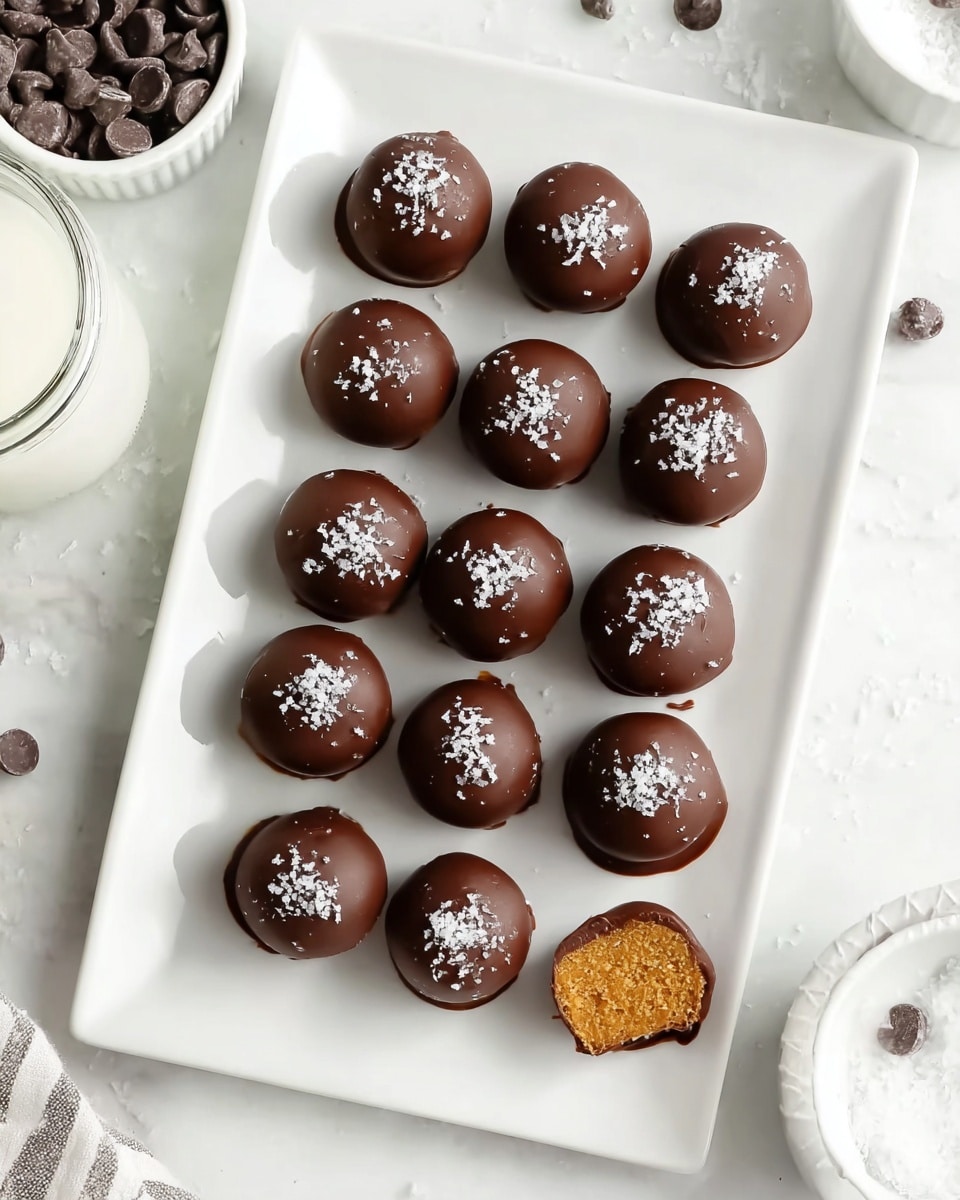 A row of small round balls coated in smooth dark brown chocolate are placed on a white rectangular plate with a white marbled background. The center ball is cut in half, showing a dense, grainy orange-brown inside layer. Each chocolate ball is topped with a small pinch of coarse white salt flakes, adding texture contrast. The chocolate surface shines softly, showing a thin, smooth layer that fully covers the soft, crumbly inner center. Photo taken with an iphone --ar 4:5 --v 7
