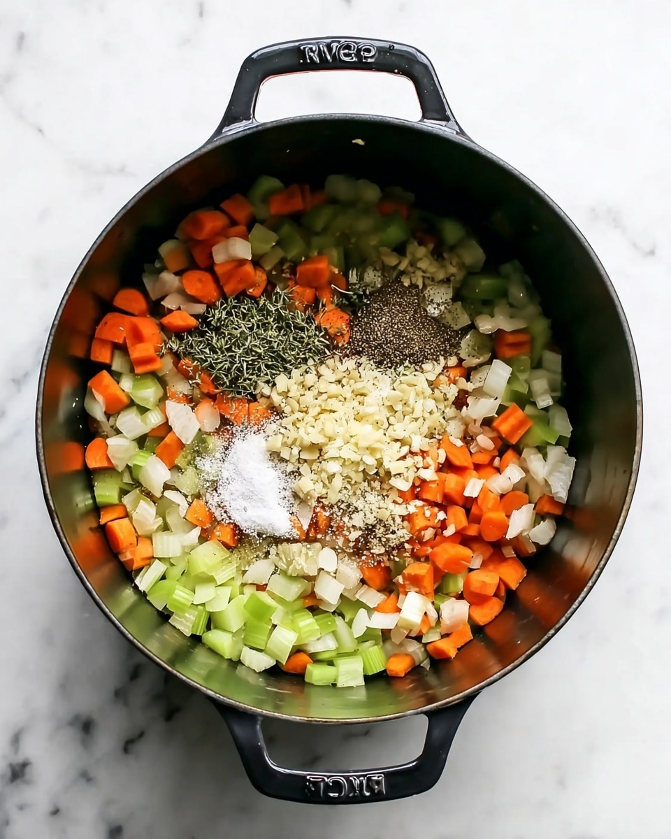 A black pot sits on a white marbled surface, filled with a mix of chopped vegetables and spices layered inside. The bottom layer consists of diced light green celery pieces evenly spread along with small cubes of translucent white onion and bright orange carrot chunks. On top of these vegetables, there is a central cluster of finely minced pale yellow garlic. Surrounding the garlic are piles of black pepper, dried herbs in green and brown shades, and a small heap of white salt, all resting on the vegetables. The pot’s handles are visible, marked with the brand name. Photo taken with an iphone --ar 4:5 --v 7