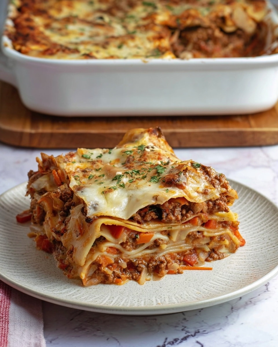 A thick slice of lasagna sits on a white plate with a textured finish. It has multiple layers, starting from a base of wide, pale pasta sheets and soft cooked vegetables like orange carrots and translucent onions mixed with a rich, brown meat sauce. Above this is another layer of pasta, followed by a creamy topping layer of melted, slightly browned cheese with some green herbs sprinkled on top. In the background, a large white baking dish filled with the rest of the lasagna sits on a wooden board, all placed on a white marbled surface. Photo taken with an iphone --ar 4:5 --v 7