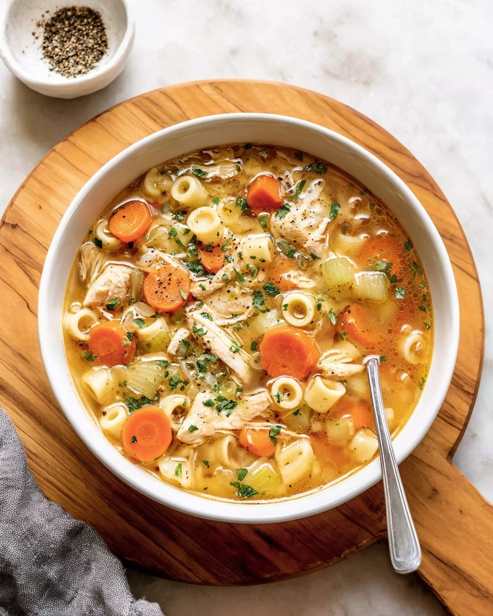 A white bowl filled with a colorful chicken noodle soup, showing several layers including round orange carrot slices, light yellow pasta rings, pale celery pieces, and shredded light brown chicken pieces all floating in a clear golden broth with green herbs sprinkled on top, a silver spoon resting on the side inside the bowl; the bowl is placed on a wooden round board with a small white dish of black pepper in the background and a gray cloth on the side, the surface beneath is a white marbled texture, photo taken with an iphone --ar 4:5 --v 7