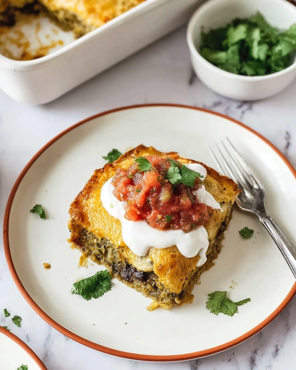 A white plate with a thin orange rim holds a square piece of layered baked dish topped with a golden brown crust. The dish has at least two visible layers; a darker greenish layer near the bottom and a thick, creamy, slightly crisp golden top layer. On top, there is a dollop of white creamy sauce and a spoonful of chunky red salsa, garnished with small green cilantro leaves. A silver fork lies next to the food on the plate, and bits of cilantro are scattered nearby. The plate sits on a white marbled surface with a small white bowl of fresh green herbs in the background along with part of a white baking dish containing more of the baked dish photo taken with an iphone --ar 4:5 --v 7