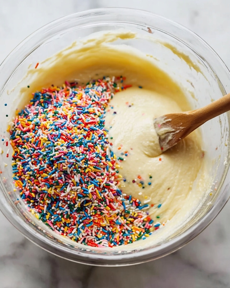 A clear glass mixing bowl sitting on a white marbled surface is filled with smooth, light yellow cake batter. On top of the batter, there is a large pile of colorful rainbow sprinkles in shades of red, blue, yellow, orange, pink, and green, mostly gathered on one side. A wooden spatula with some batter on it rests inside the bowl, touching the batter near the sprinkles. photo taken with an iphone --ar 4:5 --v 7