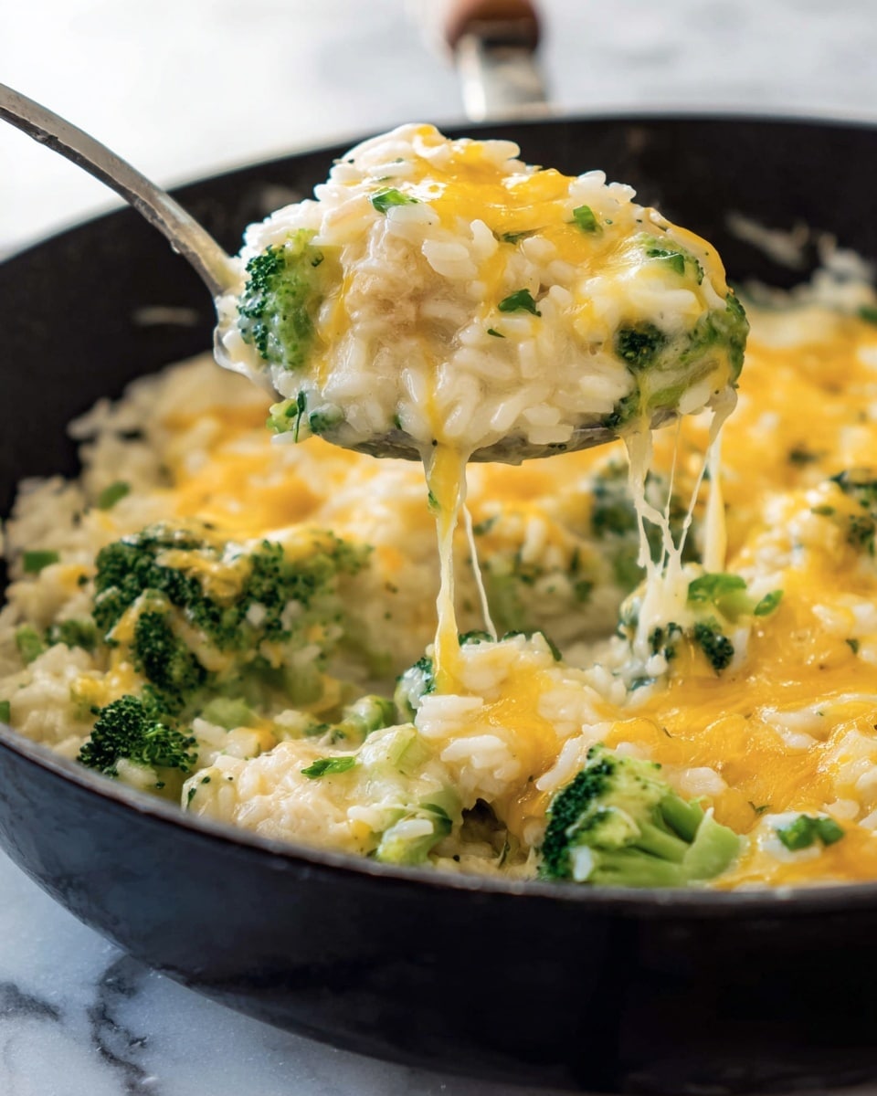 A spoon lifts a creamy dish from a black pan, showing a mix of three main layers: soft white rice at the bottom, tender green broccoli florets scattered throughout, and a top layer of melted yellow and white cheese that stretches slightly as the spoon rises. The rice looks fluffy and the broccoli fresh, while the cheese covers everything with a smooth, shiny texture. Small bits of green herbs are mixed in, adding bright details against the creamy cheese. The pan sits on a white marbled surface, and the close-up view focuses on the warm, cheesy mix. photo taken with an iphone --ar 4:5 --v 7
