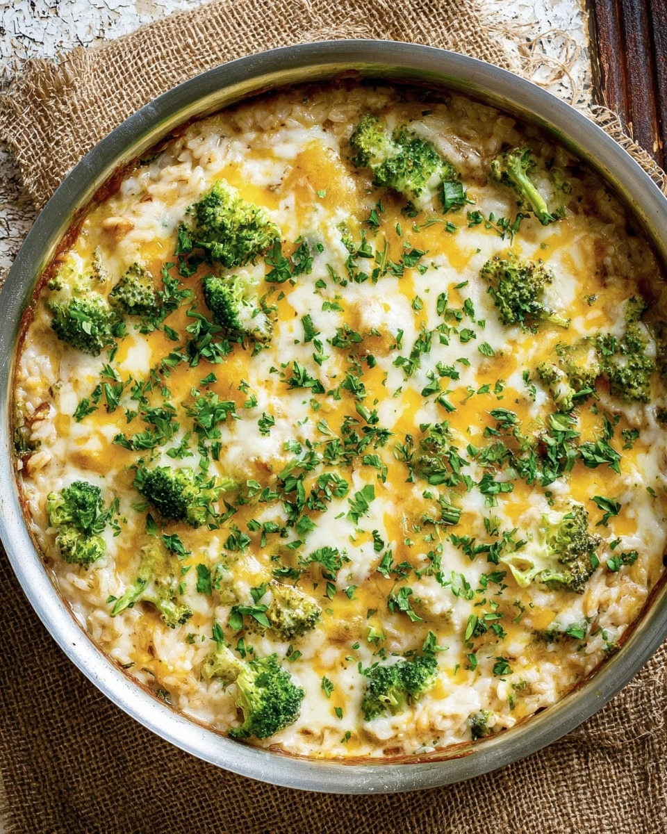 A round silver pan filled with a creamy mixture showing three main layers: a base layer of soft, light brown rice, a middle layer with pieces of cooked broccoli adding small green pops, and a top layer of melted yellow and white cheese spread unevenly with fresh green chopped herbs sprinkled all over. The pan sits on a textured burlap cloth with a white marbled surface partly visible at the edges. The cheese has a smooth, slightly bubbly texture, blending into the creamy rice and broccoli underneath. Photo taken with an iphone --ar 4:5 --v 7