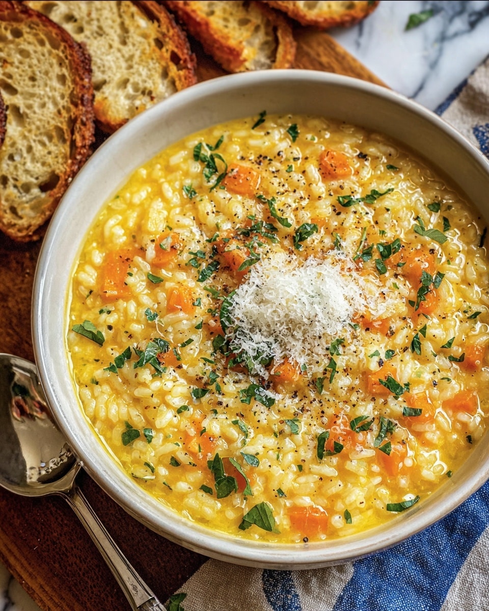 A white bowl filled with creamy yellow risotto with visible small pieces of orange carrot mixed in. The risotto is topped with a small mound of grated white cheese sprinkled with chopped green herbs and black pepper. The bowl sits on a wooden surface next to slices of toasted bread and a silver spoon resting on a blue and white striped cloth. The background shows a white marbled texture. photo taken with an iphone --ar 4:5 --v 7
