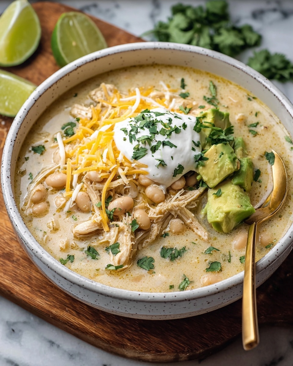 A bowl filled with creamy white soup mixed with beans and shredded chicken, topped in the center with a mound of shredded yellow and white cheese, a dollop of white sour cream sprinkled with chopped green cilantro, and a few chunks of fresh green avocado on the right side. The bowl is white with a speckled rim and sits on a wooden board with lime halves in the background. A gold spoon rests inside the bowl on the right side. The surface beneath is a white marbled texture. Photo taken with an iphone --ar 4:5 --v 7