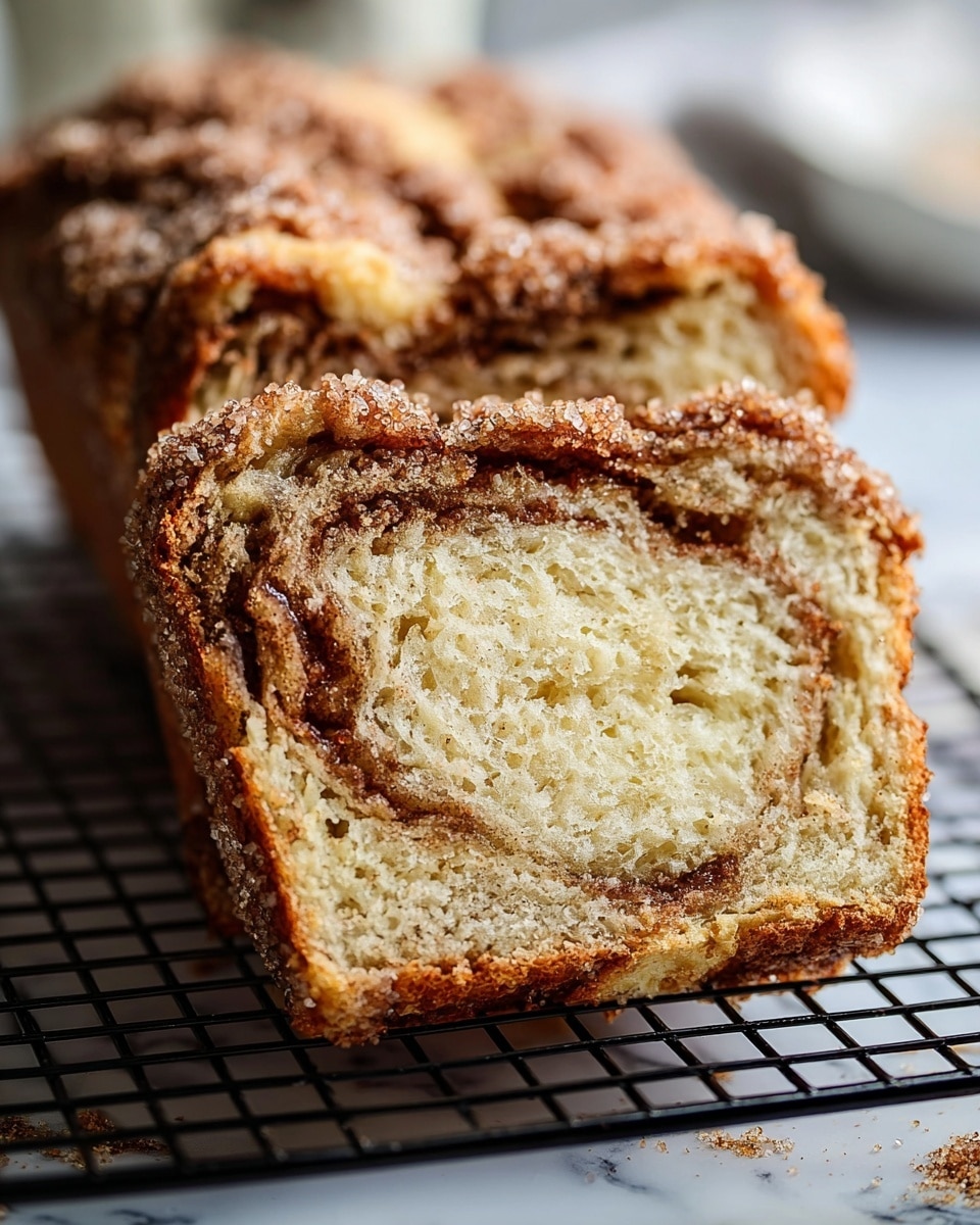 A close-up view of a sliced loaf of cinnamon swirl bread resting on a black metal cooling rack, which is placed on a white marbled surface. The bread has two visible layers: the top layer is a crisp, golden brown crust generously coated with coarse sugar crystals, giving it a sparkling texture, while the inner layer shows a soft, light cream-colored crumb with swirls of cinnamon running through it. The crust appears slightly rugged with a sugary crust that glistens under soft natural light, emphasizing the contrast between the crust and the tender, moist interior. Photo taken with an iphone --ar 4:5 --v 7