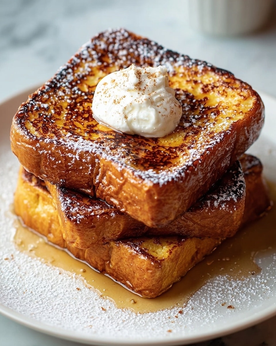 Two thick pieces of golden brown French toast are stacked on a white plate placed on a white marbled surface. The top layer is a darker toasted brown with crispy edges, and it is topped with a small dollop of white cream lightly sprinkled with cinnamon or nutmeg. Both layers are glossy with syrup that pools slightly on the plate. Light powdered sugar is dusted over the French toast and plate, adding a soft white texture to the warm, rich colors. photo taken with an iphone --ar 4:5 --v 7