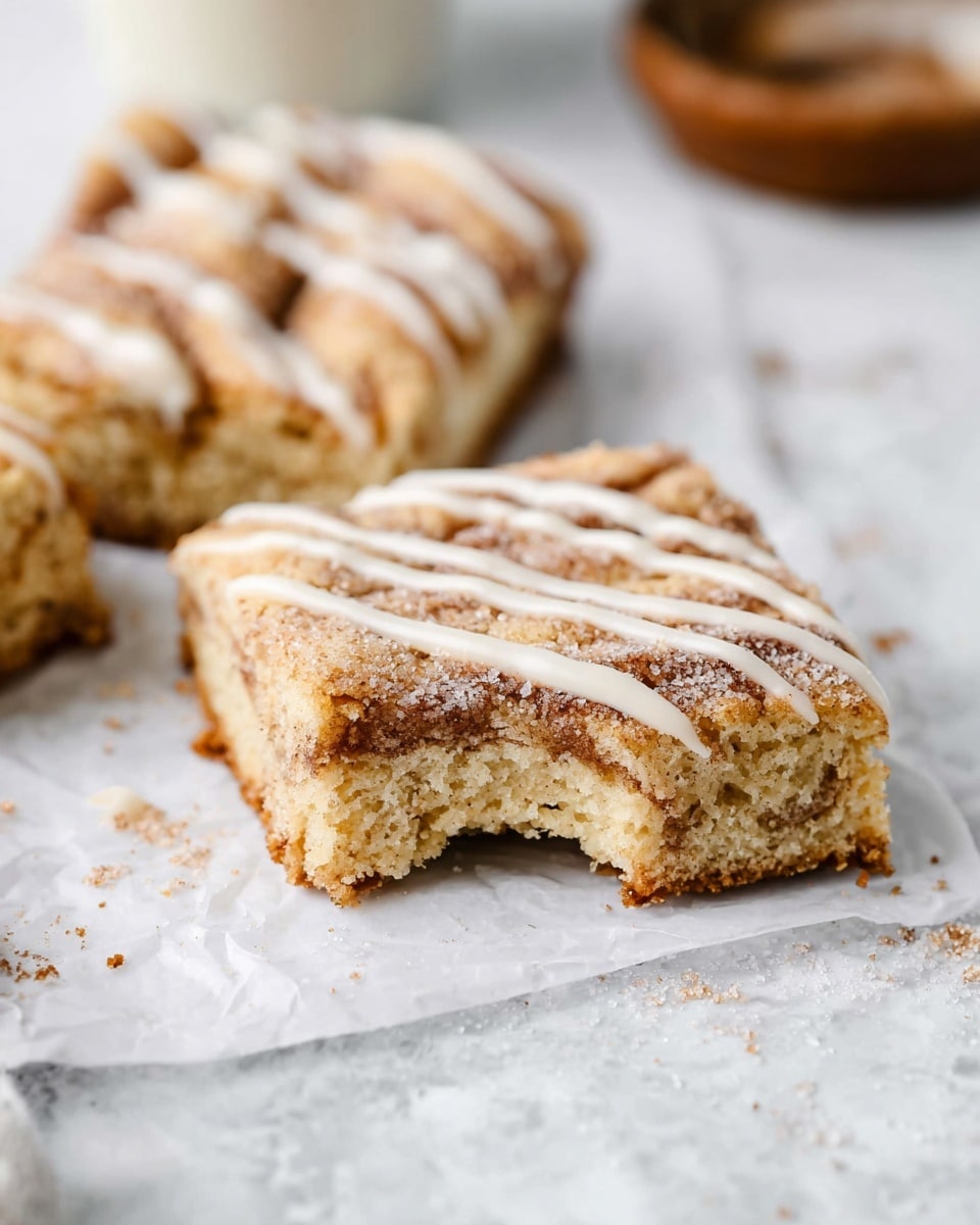The image shows a close-up of a square-shaped pastry with a bite taken out of one corner, revealing a soft, crumbly inside with a slightly darker brown swirl layer. The top of the pastry is golden brown with a baked texture, lightly dusted with sugar, and decorated with thin, uneven white icing lines drizzled across. Another similar pastry piece is partially visible in the background. Both pastries rest on white parchment paper placed on a white marbled surface. In the far background, a blurred round object, possibly a bowl or bread, is seen. photo taken with an iphone --ar 4:5 --v 7