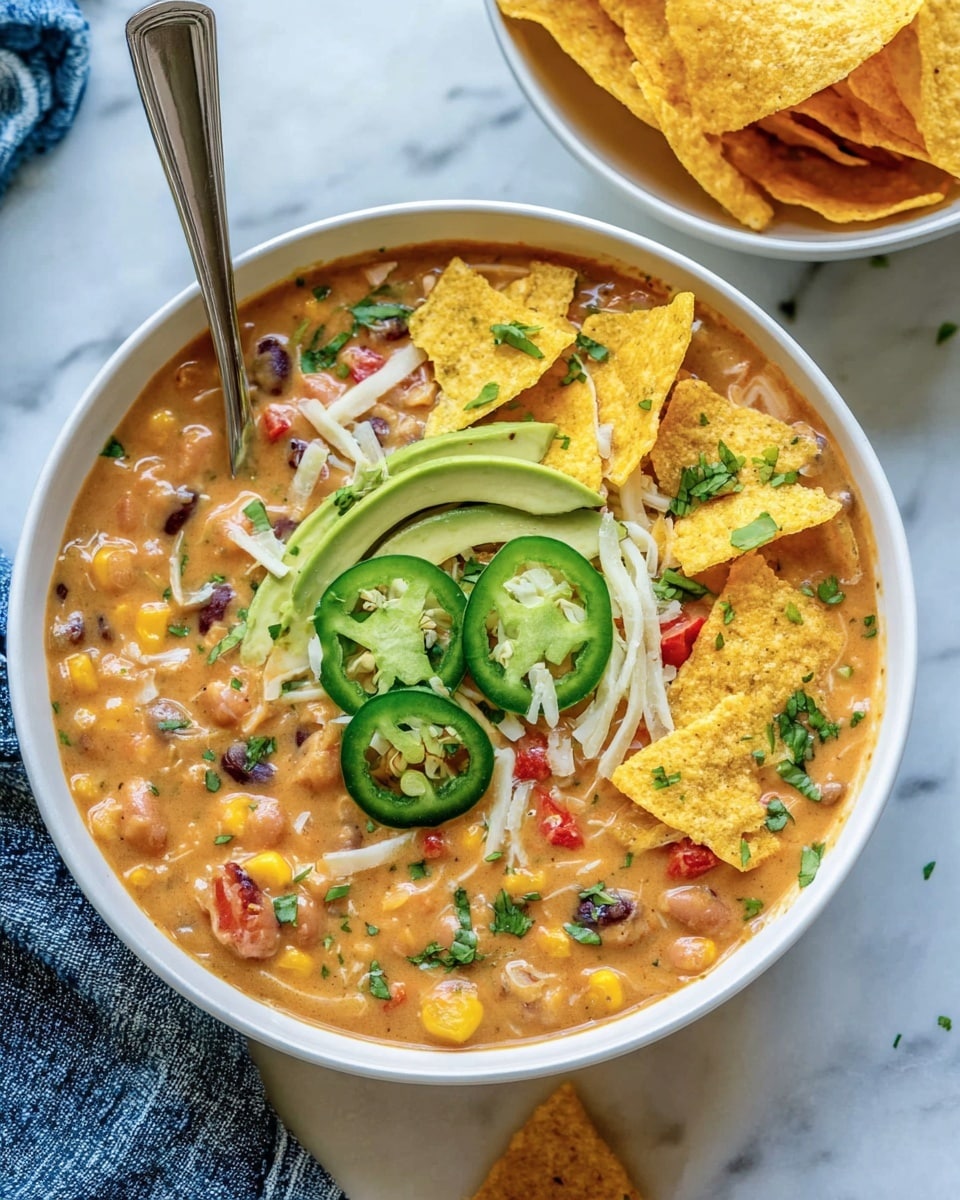 A white bowl filled with three layers: the bottom layer is a creamy mix of beans, corn, and small diced vegetables in a light orange sauce; on top of this are slices of green avocado laid in the center, scattered with thin white shredded cheese and three round slices of bright green jalapeño peppers; the topmost layer has yellow broken tortilla chips sprinkled around and small red diced peppers for color. A metal spoon rests inside the bowl on the left side. The bowl is placed on a white marbled surface with a blue and white cloth partially visible at the bottom right corner. Nearby on the right edge, there is a white bowl filled with whole yellow tortilla chips. Photo taken with an iphone --ar 4:5 --v 7