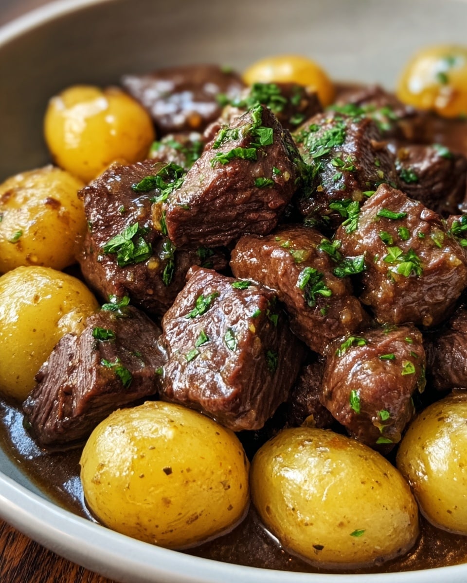 The dish shows a close-up of a bowl filled with several pieces of brown, cooked beef chunks that look tender and juicy; they are mixed with whole small yellow potatoes that have a soft and shiny texture. A rich brown sauce covers the meat and potatoes, adding a glossy finish. Small bright green herbs are sprinkled over the dish, giving a fresh contrast against the darker colors. The bowl is white, and the overall image is sharp and detailed, emphasizing the textures and colors of the beef, potatoes, sauce, and herbs. The photo taken with an iphone --ar 4:5 --v 7