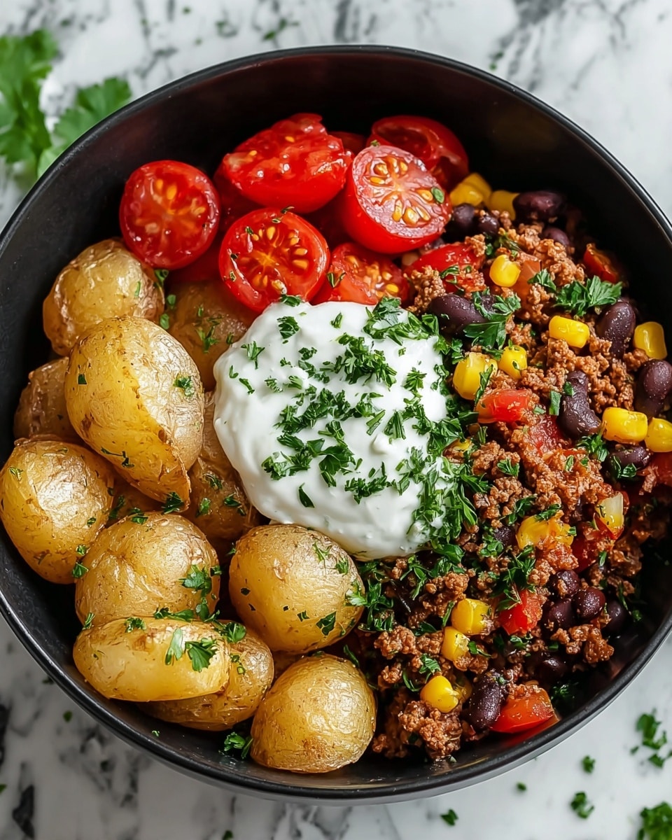A black bowl holds a layered dish starting with a base of cooked ground meat mixed with black beans, corn, and chopped tomatoes, giving a mix of brown, yellow, and red colors with green herbs sprinkled on top. On one side, light golden-brown small potato halves are neatly piled, showing their crispy texture. Next to the potatoes are bright red whole cherry tomatoes. In the center of the dish, there is a dollop of white creamy sauce garnished with fresh green chopped herbs. The bowl is placed on a white marbled surface. Photo taken with an iphone --ar 4:5 --v 7