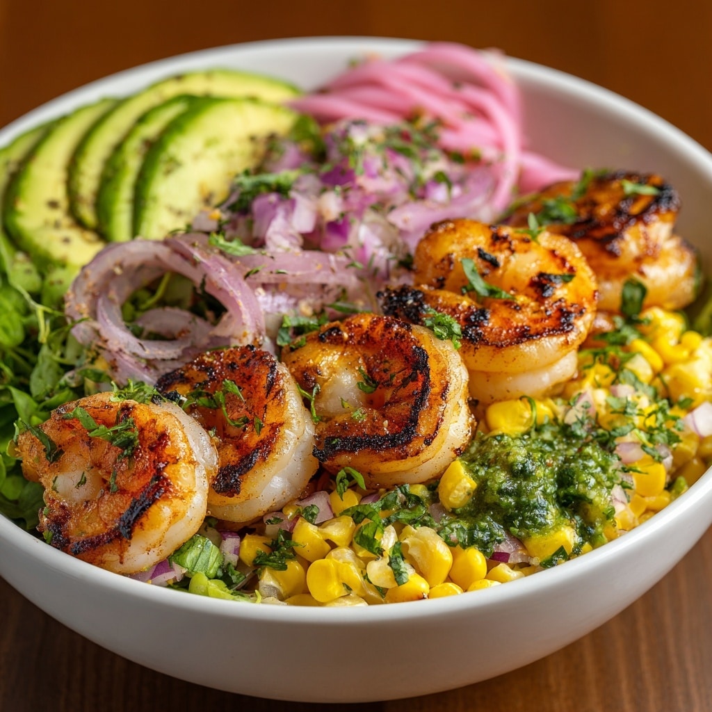 The dish is served in a white bowl filled with layers starting from the bottom with a mix of corn, chopped red onion, and green herbs, creating a colorful and fresh base. On top of this base, there are several grilled shrimp with light char marks, arranged neatly mostly in the center and right side of the bowl. To the left side, slices of green avocado are placed in a curved line, drizzled with a creamy white sauce creating small stripes across both the shrimp and avocado. Small green herb pieces are sprinkled over the shrimp for a touch of color. The whole bowl rests on a white marbled surface. Photo taken with an iphone --ar 4:5 --v 7