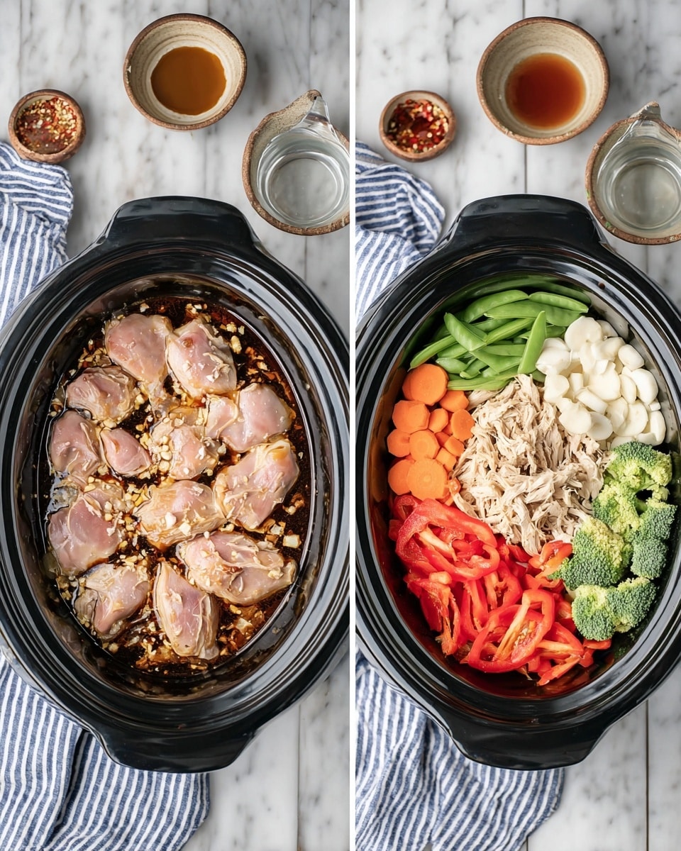 Two images show a black slow cooker placed on a white marbled surface. In the first image, five raw pink chicken pieces are inside the cooker, covered with a dark brown sauce and sprinkled with crushed garlic. Around the cooker, there are small bowls with various sauces and ingredients, a striped blue and white cloth, and a glass measuring cup. In the second image, the cooked shredded chicken, light brown and tender, forms the top right layer inside the cooker. To its left, there are white sliced water chestnuts, bright red chopped bell peppers, fresh green snap peas, green broccoli florets at the bottom left, and shredded orange carrots filling the bottom right side. The ingredients are fresh and neatly arranged in separate sections. Photo taken with an iphone --ar 4:5 --v 7