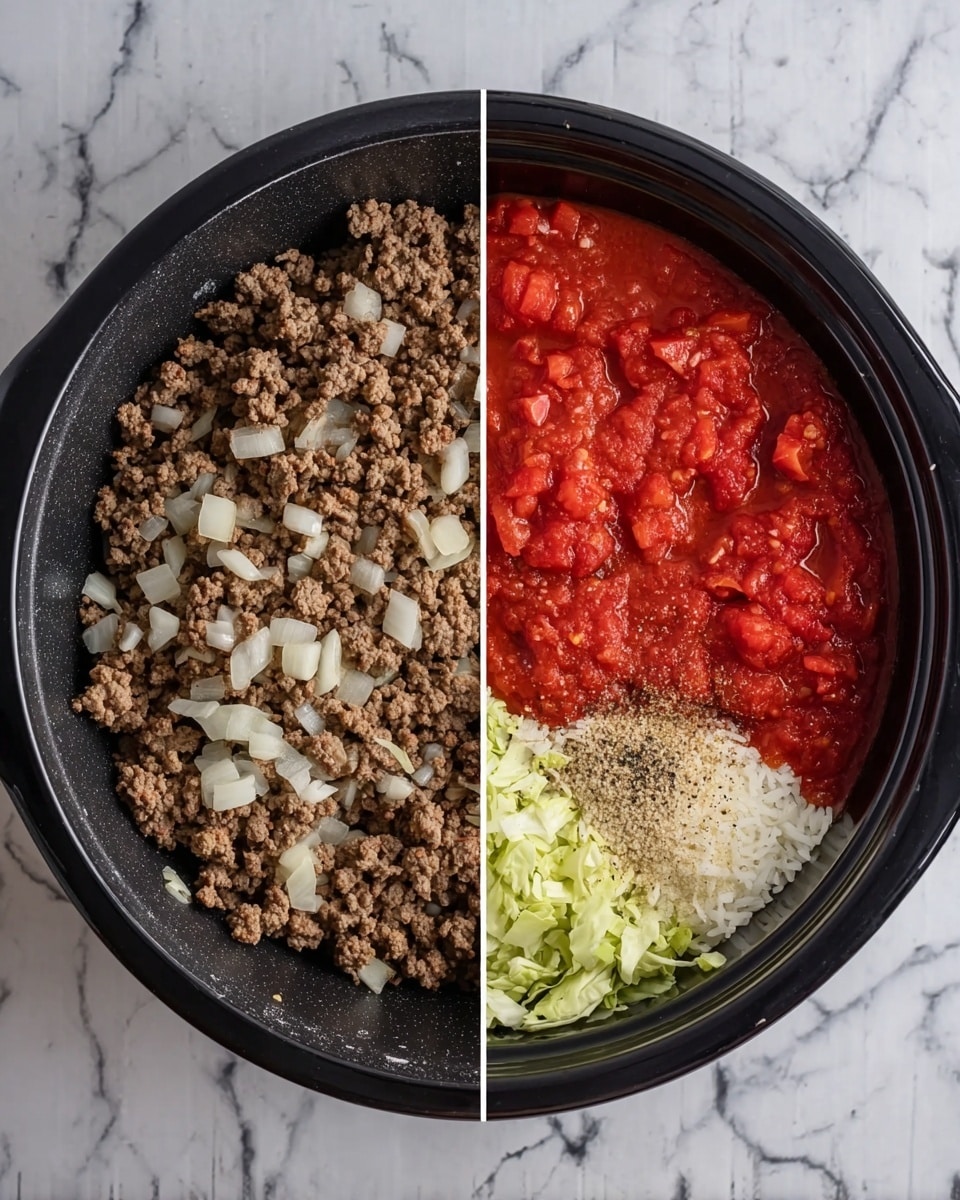 The image shows two side-by-side cooking scenes on a white marbled texture. On the left is a black frying pan filled with cooked ground meat mixed with small pieces of translucent cooked onion, spread evenly across the pan. On the right is a black slow cooker filled with distinct layers: bright red tomato sauce covering about half the surface, chunky red diced tomatoes, a pile of white uncooked rice, chopped pale green cabbage, light beige garlic powder, and a sprinkle of black pepper and salt, all clearly separated inside the slow cooker. Photo taken with an iphone --ar 4:5 --v 7