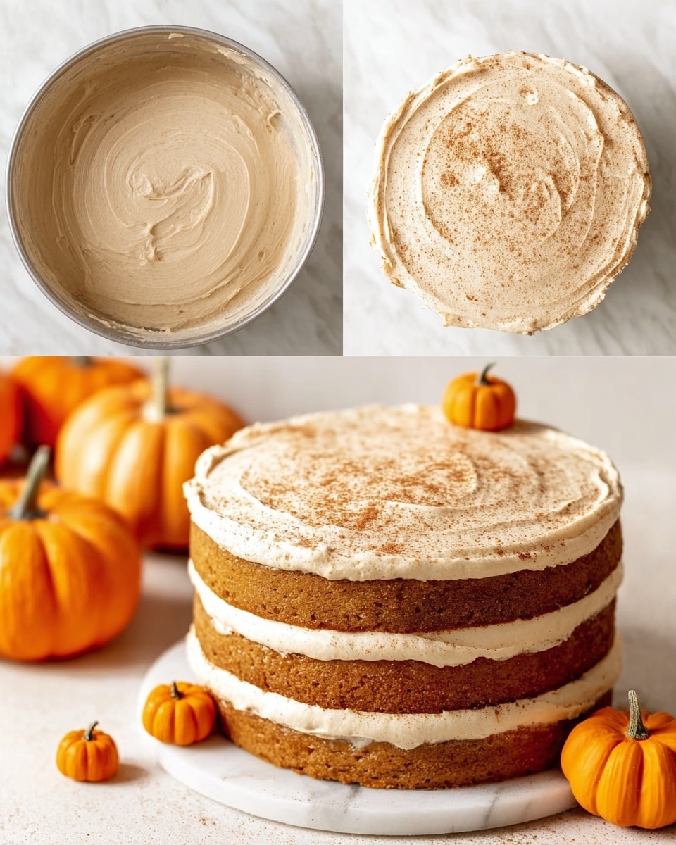 The final image shows a round, layered pumpkin cake placed on a white marbled surface. The cake has three thick layers that are covered evenly in light brown frosting with a smooth, creamy texture. The top layer of frosting is lightly dusted with cinnamon or similar spice, giving a soft brown tint. Around the base and side of the cake, small, bright orange pumpkin decorations add a festive touch. The background includes more pumpkins that enhance the autumn feel of the scene. Photo taken with an iphone --ar 4:5 --v 7