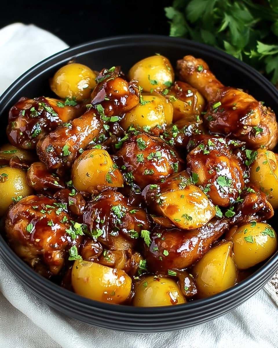 A close-up view of a black round bowl filled with cooked chicken drumsticks glazed in a shiny dark brown sauce, mixed with chunks of cooked golden-yellow potatoes and translucent onion pieces. The dish is garnished with bright green chopped herbs scattered evenly on top. The bowl sits on a white marbled surface with a white cloth beside it and some blurred green leaves in the background. The chicken looks tender and glossy, while the potatoes appear soft and slightly shiny from the sauce. Photo taken with an iphone --ar 4:5 --v 7