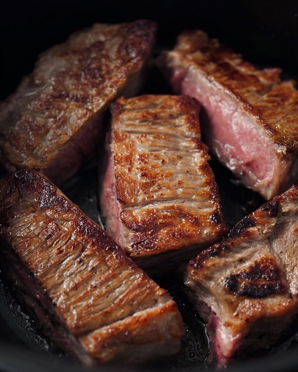 The image shows five pieces of cooked meat with a browned, slightly crispy outer layer and a pinkish inside, placed closely together in a dark pan. The texture of the meat displays visible grill marks and some fat on the edges. The browned surface reflects the heat, giving a glossy look, while the pink center indicates a level of cooking that keeps the inside tender. The background is a shallow, black pan that contrasts with the meat color. photo taken with an iphone --ar 4:5 --v 7