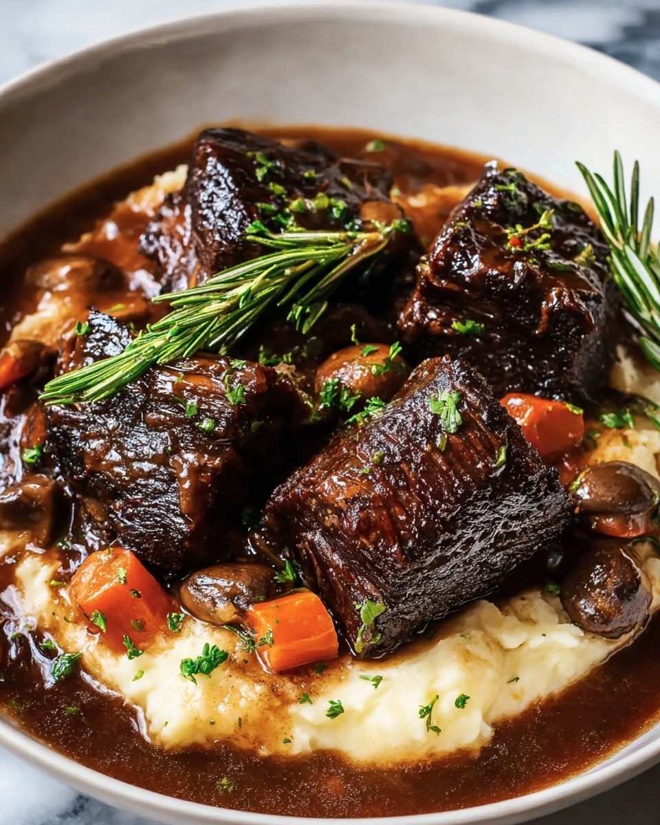 The dish shows four large, dark brown, glossy pieces of slow-cooked beef short ribs placed on top of a bed of creamy mashed potatoes, with the ribs arranged in a slightly scattered pattern. Around the ribs, there are small orange carrot chunks and whole brown mushrooms soaked in thick, rich brown gravy that coats the bottom of the white bowl. Garnishes include bright green sprigs of rosemary and chopped fresh parsley sprinkled over the beef for a touch of color. The bowl sits on a white marbled surface. Photo taken with an iphone --ar 4:5 --v 7