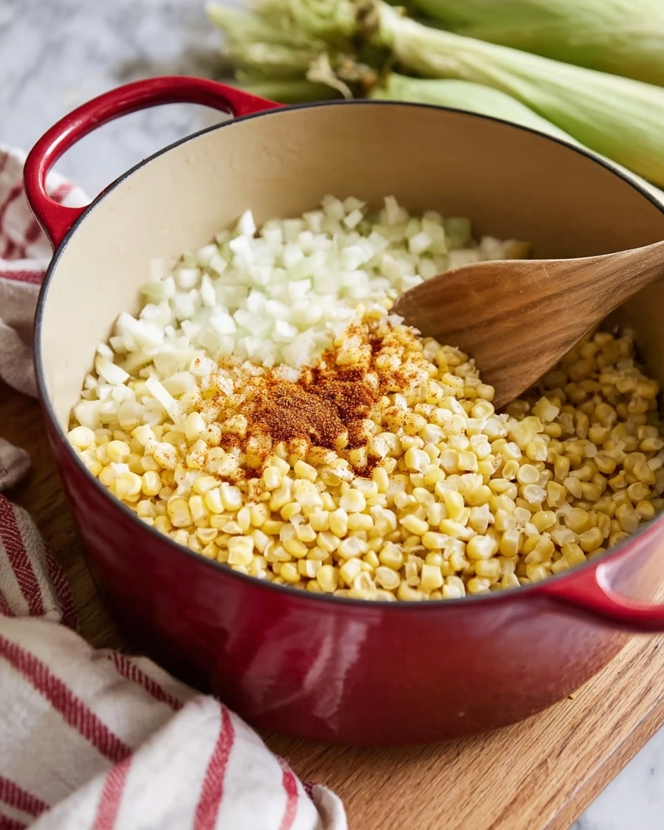 A close-up of a red pot filled with three main layers of ingredients: a base layer of finely chopped white onions on the right side, a large middle layer of small yellow corn kernels covering most of the pot, and a sprinkling of reddish-brown spice on top of the corn in the left center area. A light wooden spoon rests inside the pot, partially coated with corn and spices. The pot sits on a wooden surface with a white and red striped cloth beside it, and blurred green corn husks can be seen in the background. The scene is set on a white marbled texture. Photo taken with an iphone --ar 4:5 --v 7